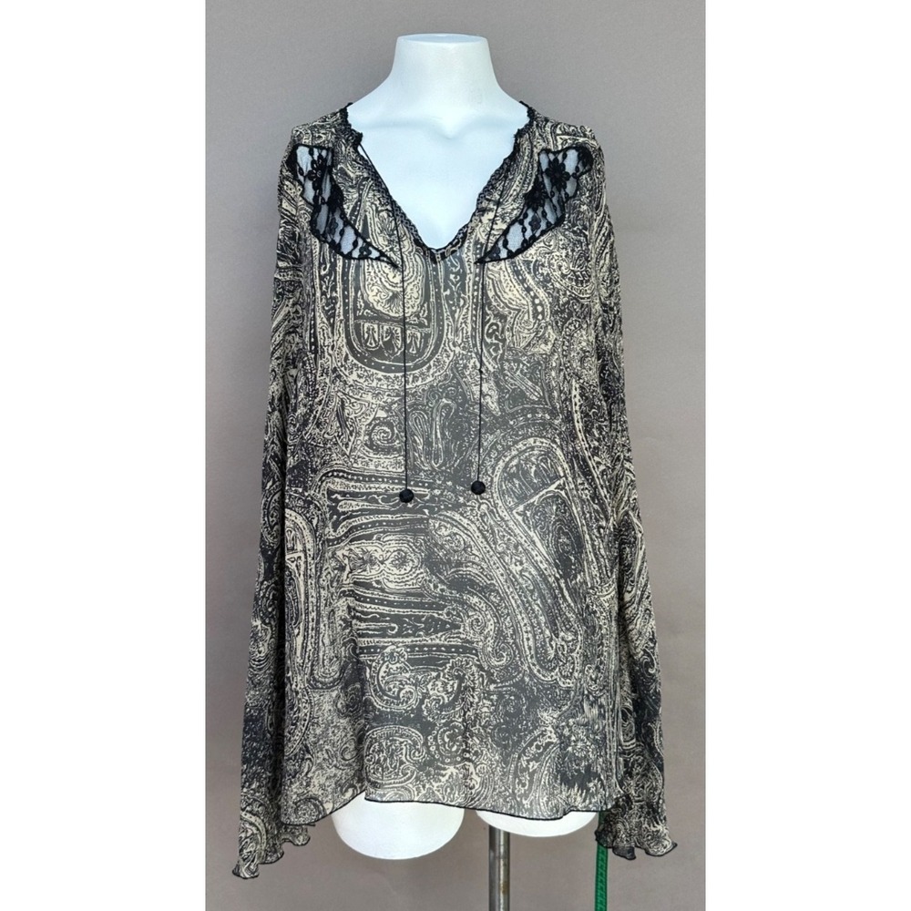 Black Sheer Floral Blouse 2x Chiffon Flared Long Sleeve Dark Romantic Whimsygoth